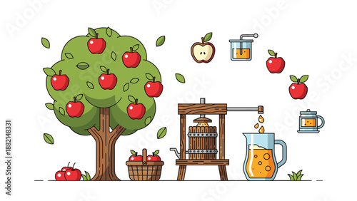 Cider production process showing apple tree picking wooden press extracting juice and pitcher of fresh beverage.
