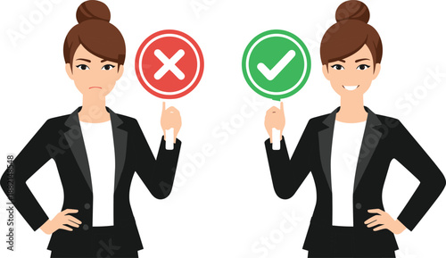 Cartoon businesswoman showing correct and incorrect signs with happy and displeased expressions on white background for decision concepts