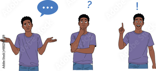 Cartoon character showing confusion, contemplation, and realization with speech bubbles and gestures on white background for thinking concepts