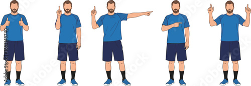 Cartoon-style man in blue outfit showing expressive hand gestures and poses, ideal for sign language, animation, communication design.