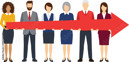 Diverse business professionals holding red arrow together, symbolizing teamwork, progress, and strategy for corporate or organizational visuals.