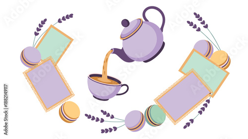 Tea time composition with purple teapot pouring tea into cup lavender macarons and blank rectangular frames.
