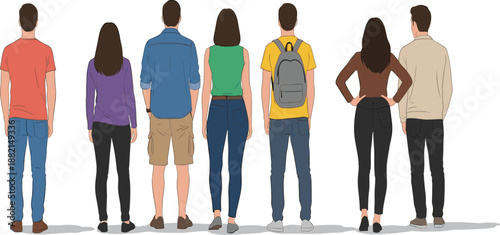 Modern Vector Illustration Set of People in Casual Outfits Showing Back View for Urban Lifestyle and Travel Designs.