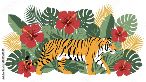 Illustration of a tiger walking through dense tropical jungle foliage with red hibiscus flowers.