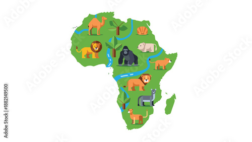 Green map of Africa populated with cartoon animals like camel lion gorilla and hippo in their habitats.
