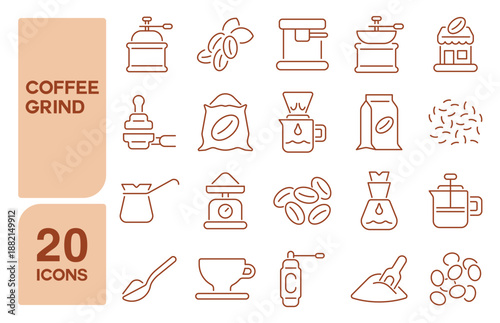 Set of 20 icons related to coffee grind, Vector illustration