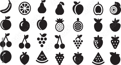Collection of various fruit silhouettes on a white background. Fruit Line Icons Set. Organic Fruit Vector Outline Symbols.