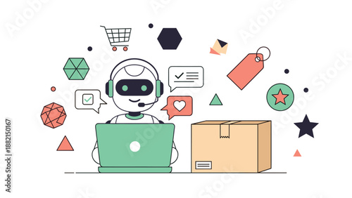 Customer service robot using a laptop surrounded by e-commerce icons like shopping cart box and tags.