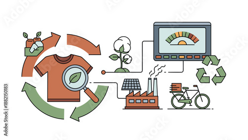 Diagram illustrating the sustainable textile recycling process from cotton plant to factory and recycled clothing.