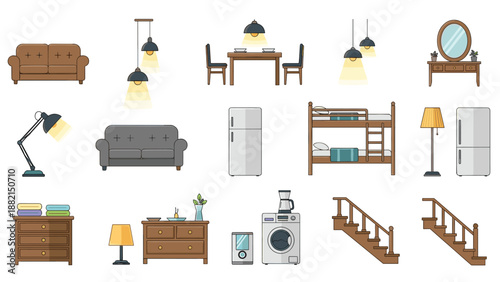 Pixel art style furniture icons set for home interior design including sofa bed lamp and kitchen appliances.