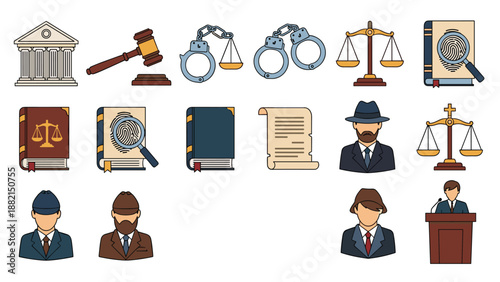 Law and justice icon set featuring gavel handcuffs scales detective and courtroom elements in flat style.