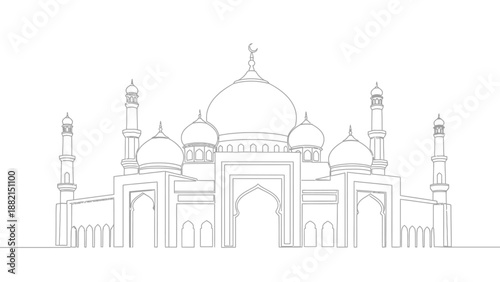 line drawing of a mosque with domes and minarets