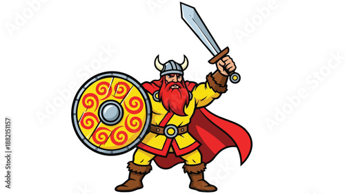 Viking Warrior with Sword and Shield Cartoon Illustration.