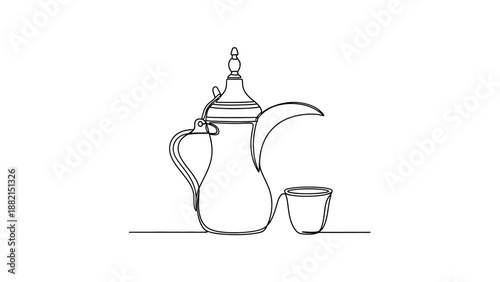 one line drawing coffee pot and cup
