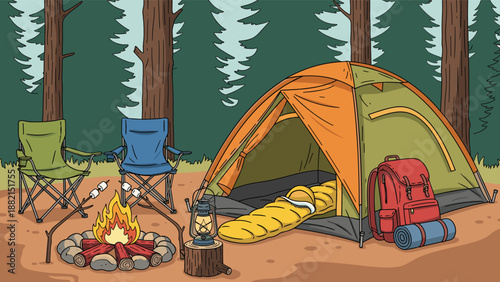 Camping scene illustration in a forest with tent sleeping bag campfire chairs and backpack.
