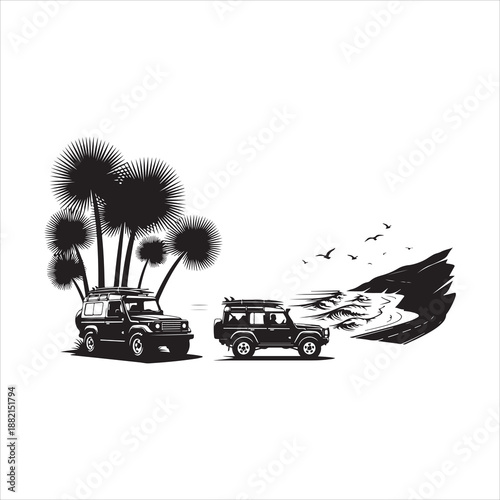 a black and white illustration depicting two off road vehicles near palm trees and a coastal landscape