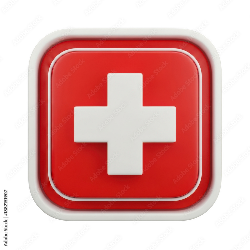 Fototapeta premium Red square emblem with white cross isolated on transparent background