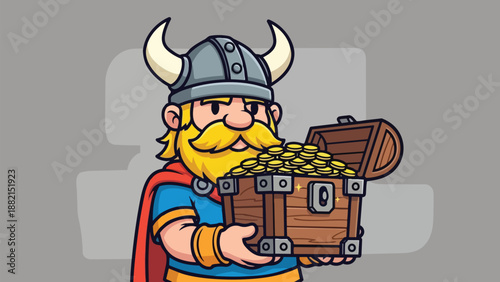 Viking Warrior Holding Treasure Chest Filled with Gold Coins.