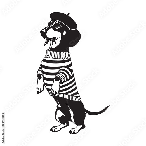 a charming dachshund dog wearing a beret striped shirt and standing proudly in a black and white illustration