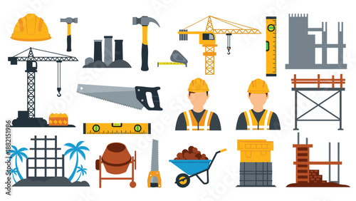 Construction site icons featuring crane helmet worker concrete mixer saw tools and building structure.
