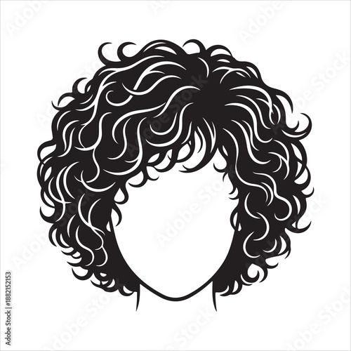 a black and white illustration showcasing a voluminous curly hairstyle against a clean white background