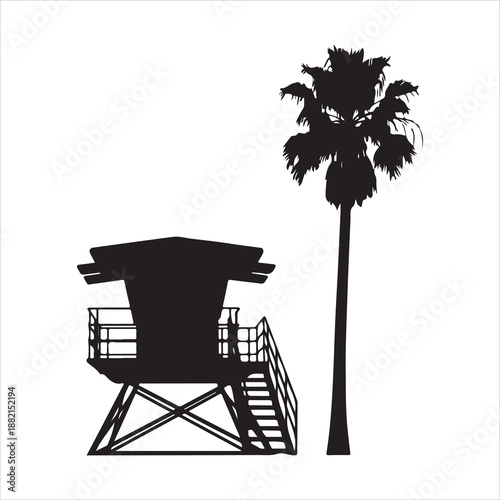 a black silhouette of a lifeguard station and palm tree against a clean white background