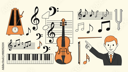 Classical music and orchestra elements featuring violins, piano keys, sheet music, musical notes, metronomes, and a conductor directing.