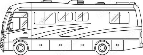 Luxury motorhome RV line art icon for camping and road trip travel, recreational vehicle, cad drawing flat vector illustration, isolated on white.