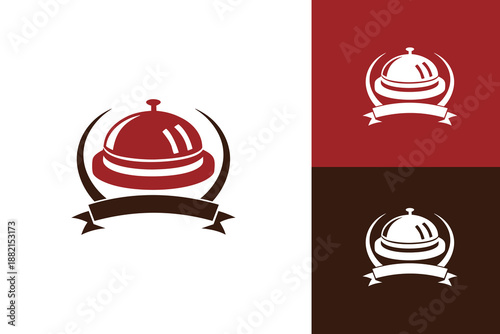 Restaurant and Catering Service Logo with Serving Cloche and Ribbon Emblem, Minimal Culinary Brand Identity Vector Illustration