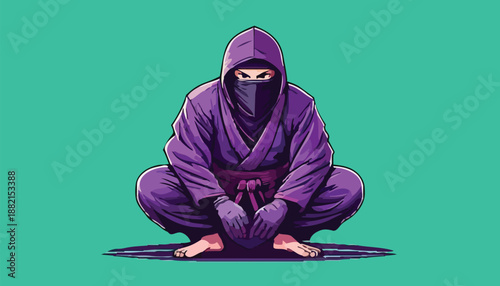 Purple Ninja in Meditative Pose with Covered Face and Hood.