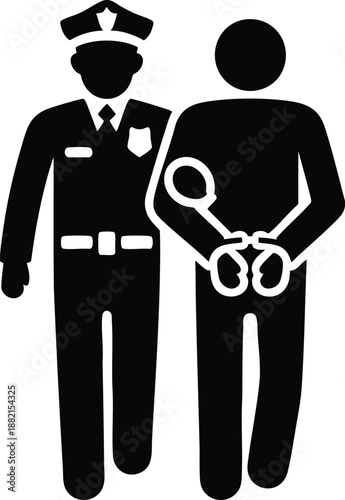 Police officer escorting handcuffed suspect flat vector illustration representing law enforcement and crime arrest isolated on white background