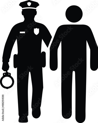 Police officer escorting a suspect with handcuffs flat vector icon representing law enforcement and justice isolated on white isolated on white background