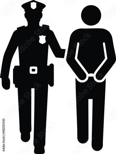 A Police and an arrested handcuffed man standing icon silhouette vector illustration on a white background