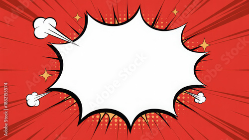 Pop art splash background, explosion in comics book style, blank layout template with halftone dots, clouds beams and isolated dots pattern on red backdrop. Vector template for ad, covers, posters. 