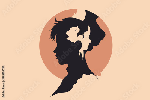 Surreal inner child vector silhouette: adult profile with child and cat faces inside pink orange circle on beige background illustration.