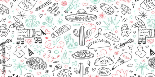 Mexican fiesta cultural pattern with pinatas and sombreros, hand-drawn doodle illustration of traditional Mexico icons