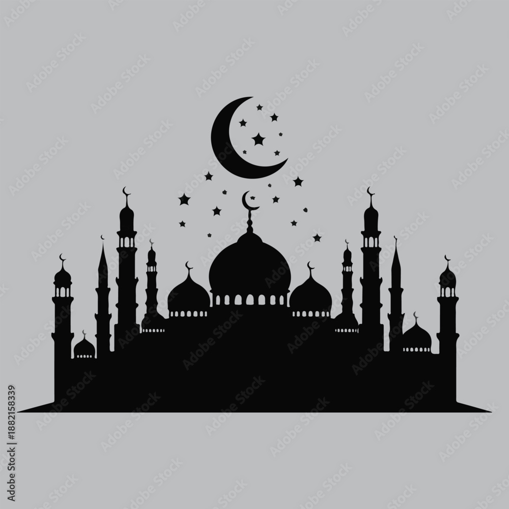Obraz premium Grand Mosque Under Crescent Moon Night Silhouette vector design art and illustration