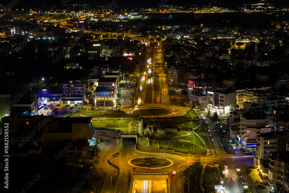 Obraz premium Drone Night View of Thessaloniki Ring Road and Western Districts