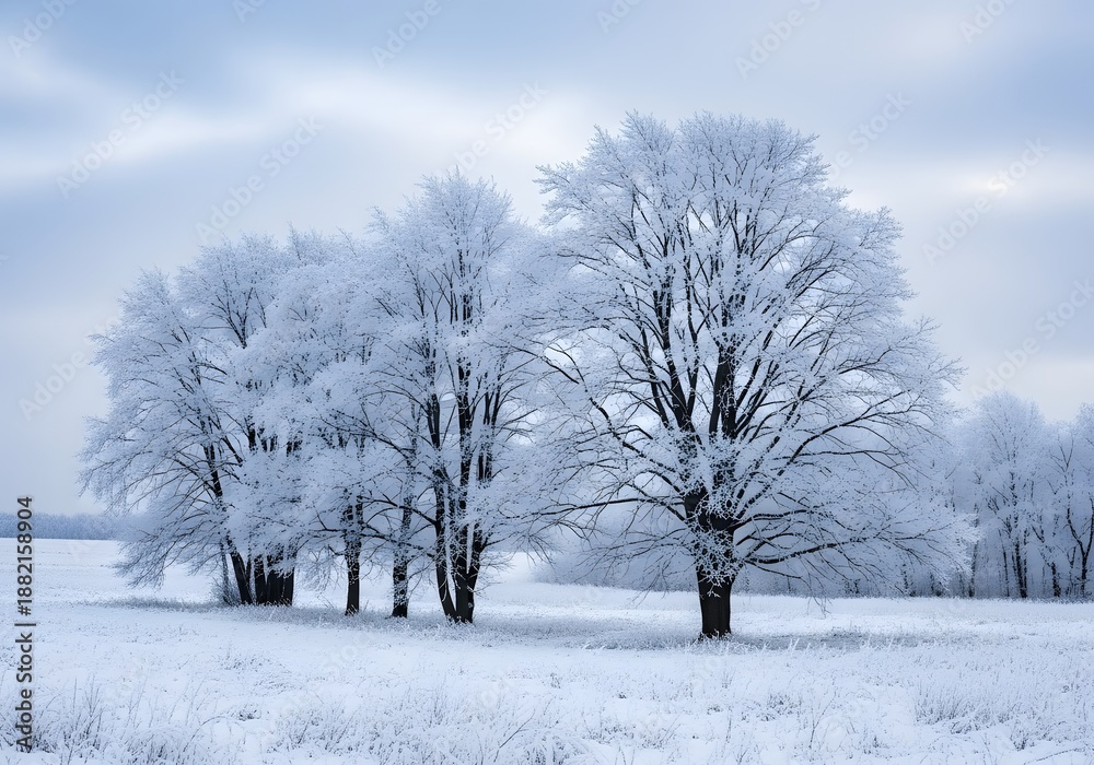 Fototapeta premium Winter wonderland scene with snow covered trees under a cloudy sky in a field area