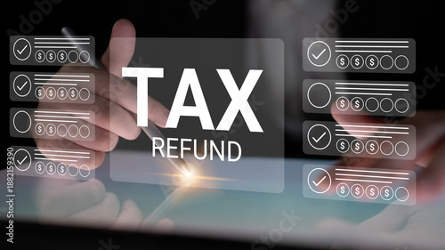 A close-up view of hands holding a pen, interacting with a digital interface displaying a tax refund concept, symbolizing financial planning and tax support services. Gantry