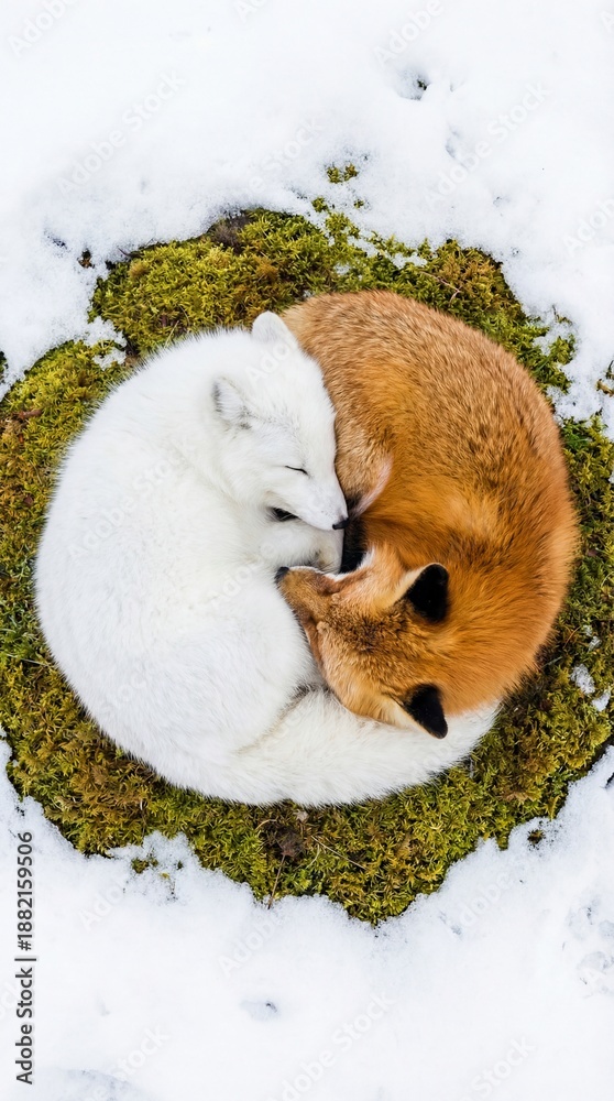 Fototapeta premium Two foxes, one white arctic fox and one red fox, curled up together in a heart shape on mossy snow.
