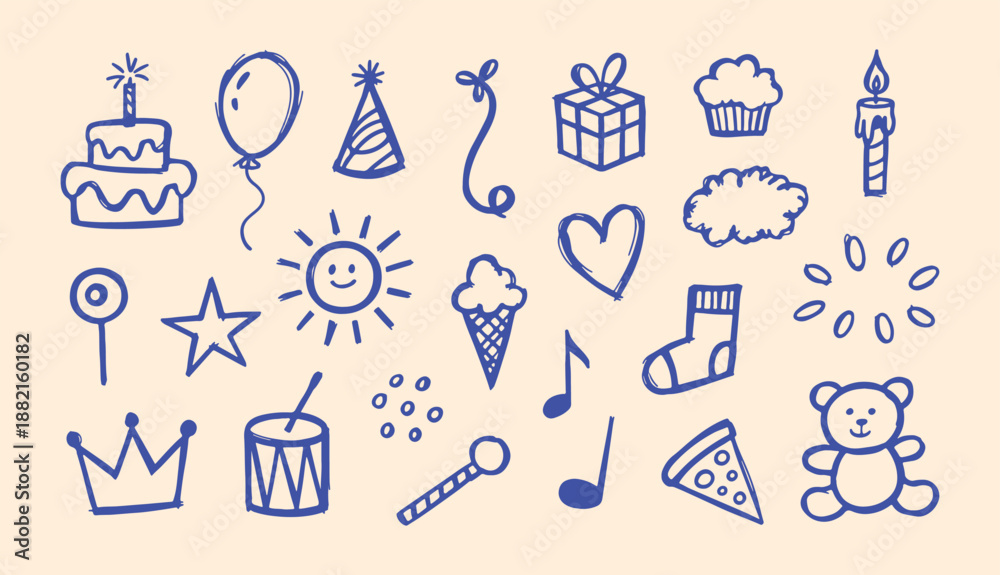Fototapeta premium Collection of blue hand drawn birthday doodles including cake balloon and party icons on a light cream background
