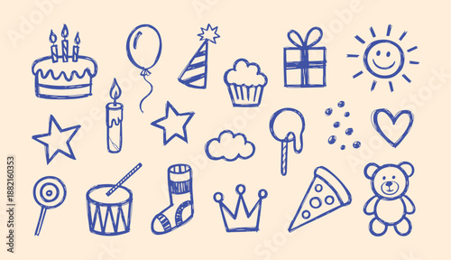 Hand drawn blue doodle birthday party icon set with cute celebration elements
