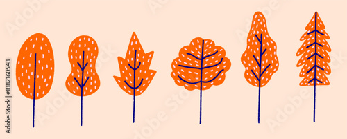 Collection of tree illustrations in various shapes, Hand drawn orange cartoonish park trees for landscape scenes