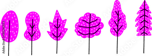 Collection of forest hand drawn tree illustrations in various shapes, Pink cartoonish park trees for landscape scenes