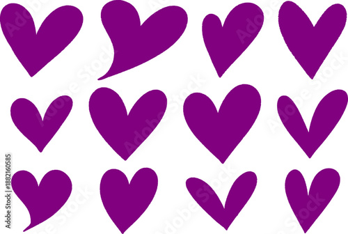 Purple heart icons silhouette collection with scalloped borders, Scallop hearts set, hand drawn doodle love icons