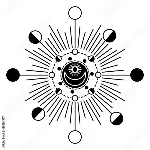 Sun moon crescent ray spot detailed silhouette celestial body