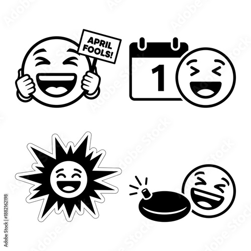 April Fools Emoji Calendar Sign and Prank Icons Set Black and White Vector