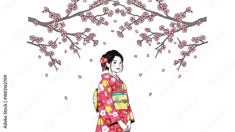 Obraz premium Woman in traditional japanese kimono standing under cherry blossom tree with falling petals