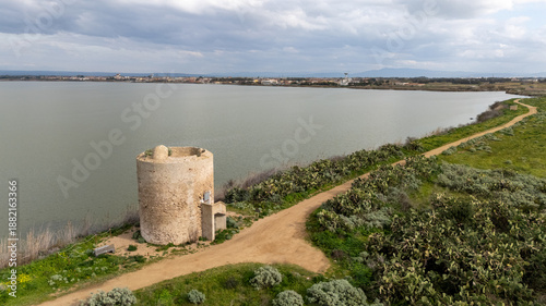 Obraz na plátně Aerial view of Cabras and surrounding wetlands, Sardinia – nature and town